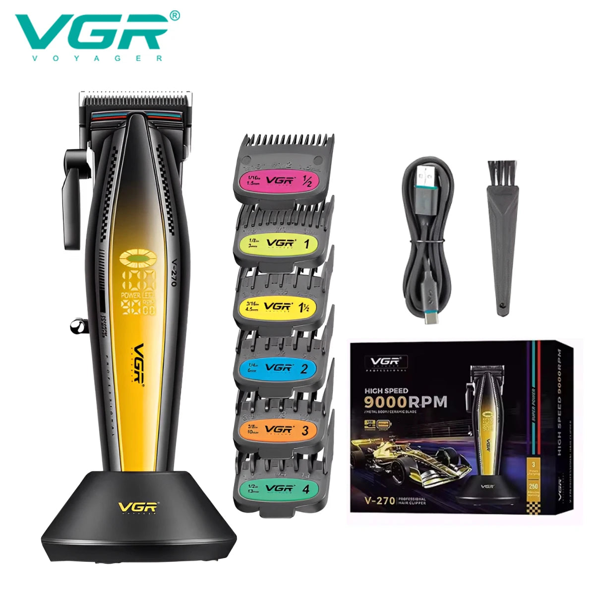 VGR V-992 V-270 high-end men's hair clipper with gradient color body, professional hair trimmer with LCD digital display and pus Peaceful Pleasures Health and Wellness V-270golden