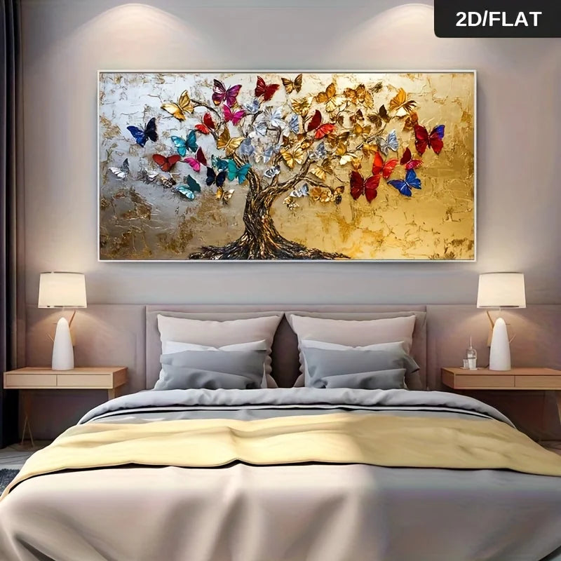 Vibrant Butterfly Tree of Life Canvas Art Unframed Modern Abstract Large Size Golden Tree Multicolor Butterflies Canvas Wall Art Peaceful Pleasures Health and Wellness