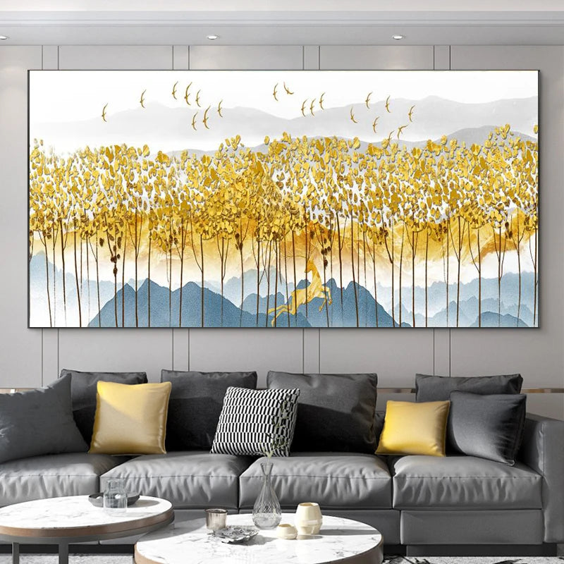 Abstract Leaves Oil Painting Print On Canvas Texture Golden and Silver Trees Wall Art Modern Home Decor Living Room Wall Decor Peaceful Pleasures Health and Wellness black golden-6 20x40cm