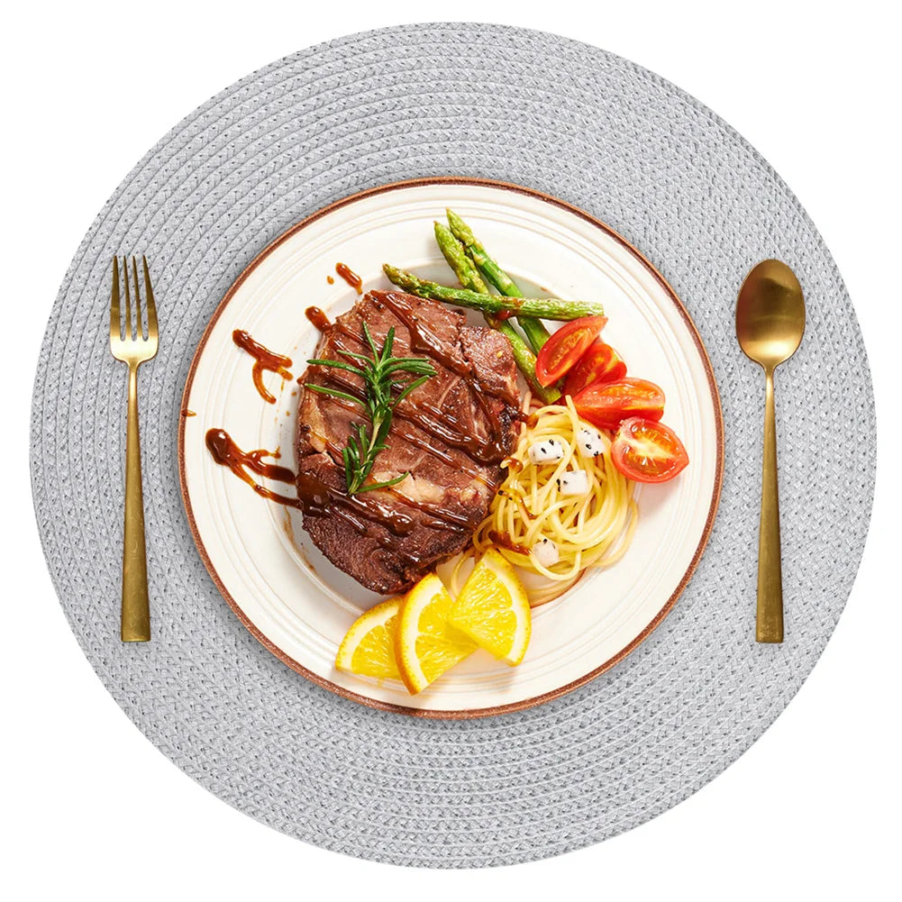 6Pc Round Braided Table Mat with 6Pc Cup Coasters Heat Resistant Washable Non Slip Placemats for Kitchen Dining Tables Pads Peaceful Pleasures Health and Wellness A Grey 33.5CM and 10CM