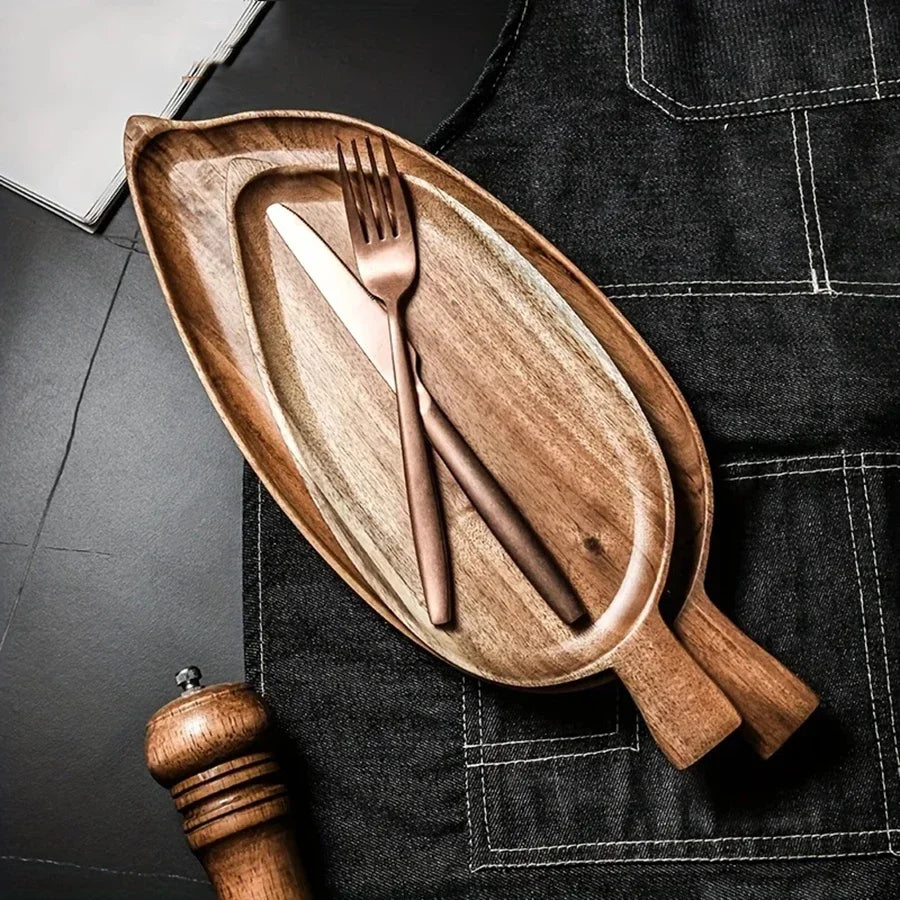 Japanesestyle High-looking Wooden Tray Afternoon Tea Snack Sushi Plating Leaf-shaped Plate Acacia Wood Tea Tray Dining Accessory Peaceful Pleasures Health and Wellness