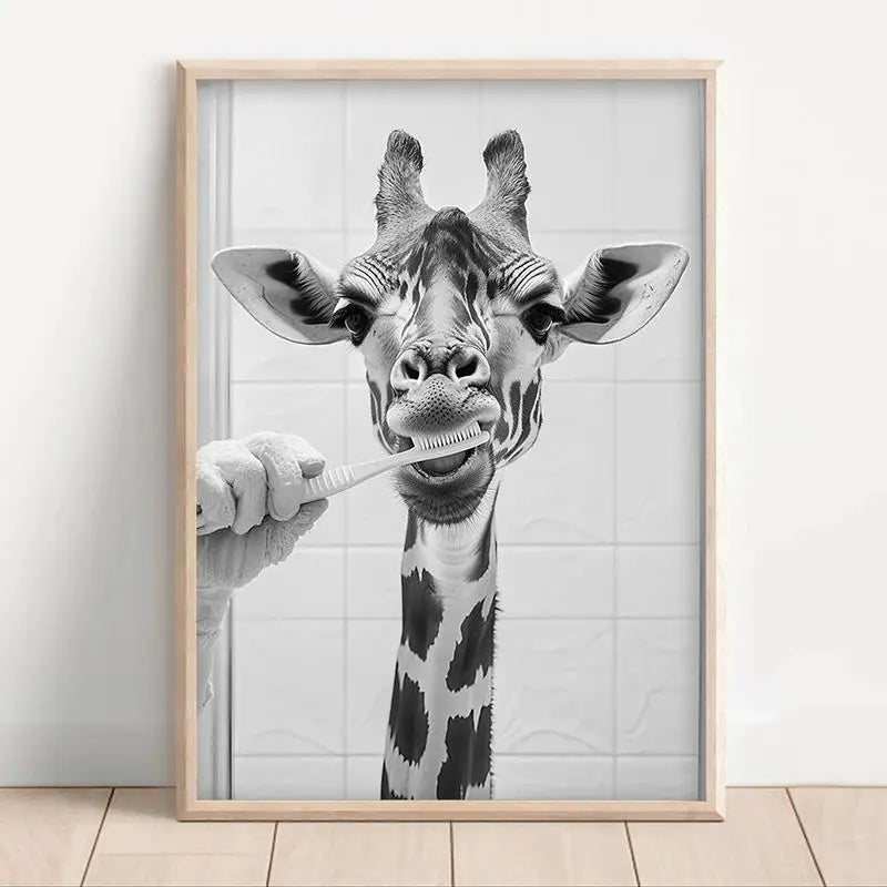 Funny Bathroom Animal Canvas Wall Art | Vintage Brushing Teeth