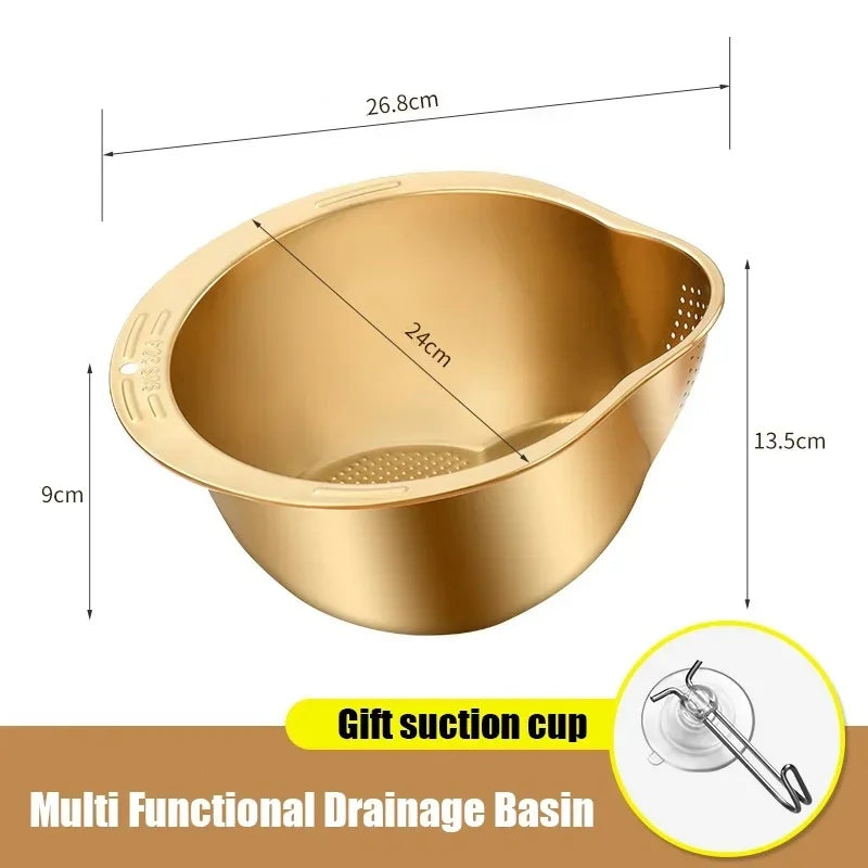 Stainless Steel 304 Rice Washer Strainer Bowl Rice Washing Bowl Rice Sieve Colander Fruit And Vegetable Strainer Kitchen Tools Peaceful Pleasures Health and Wellness Gold