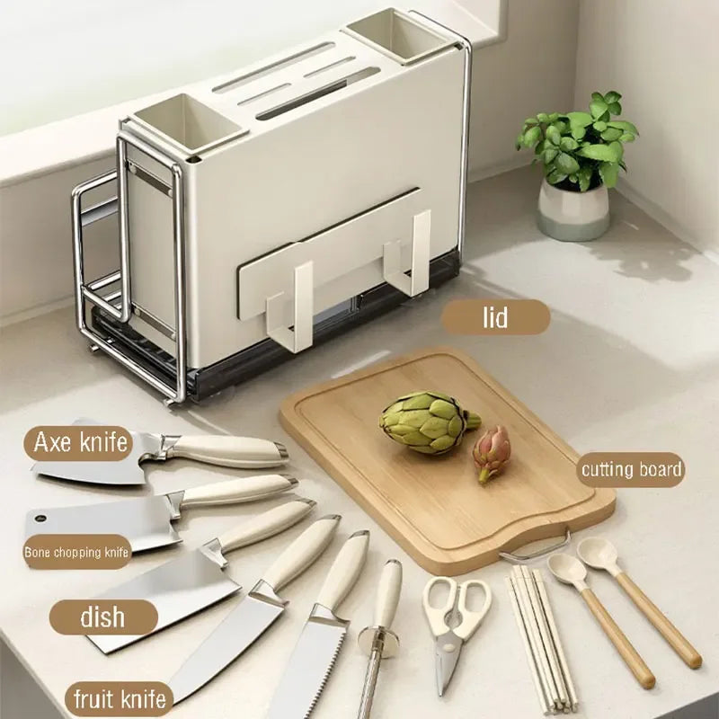 Simple Chopsticks Cutlery Bucket Knives Rack Pot Lid Cutting Board Storage Shelf Kitchen Multifunctional Rack With Drainage Tray Peaceful Pleasures Health and Wellness
