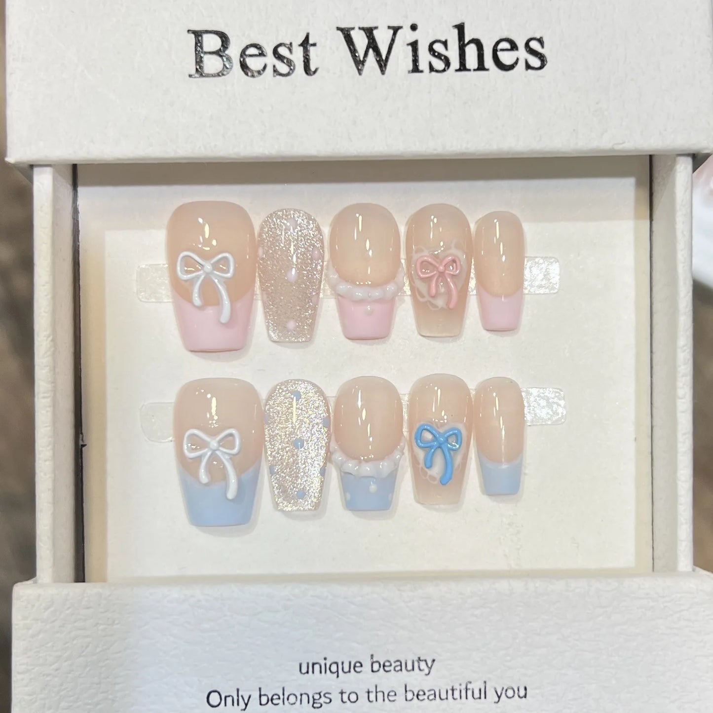10pcs Handmade French Cat Eye Press on Nails Sweet Light Purple Bow Decor Fake Nails Wearable Korean Cute Ballet False Nails Peaceful Pleasures Health and Wellness M 3