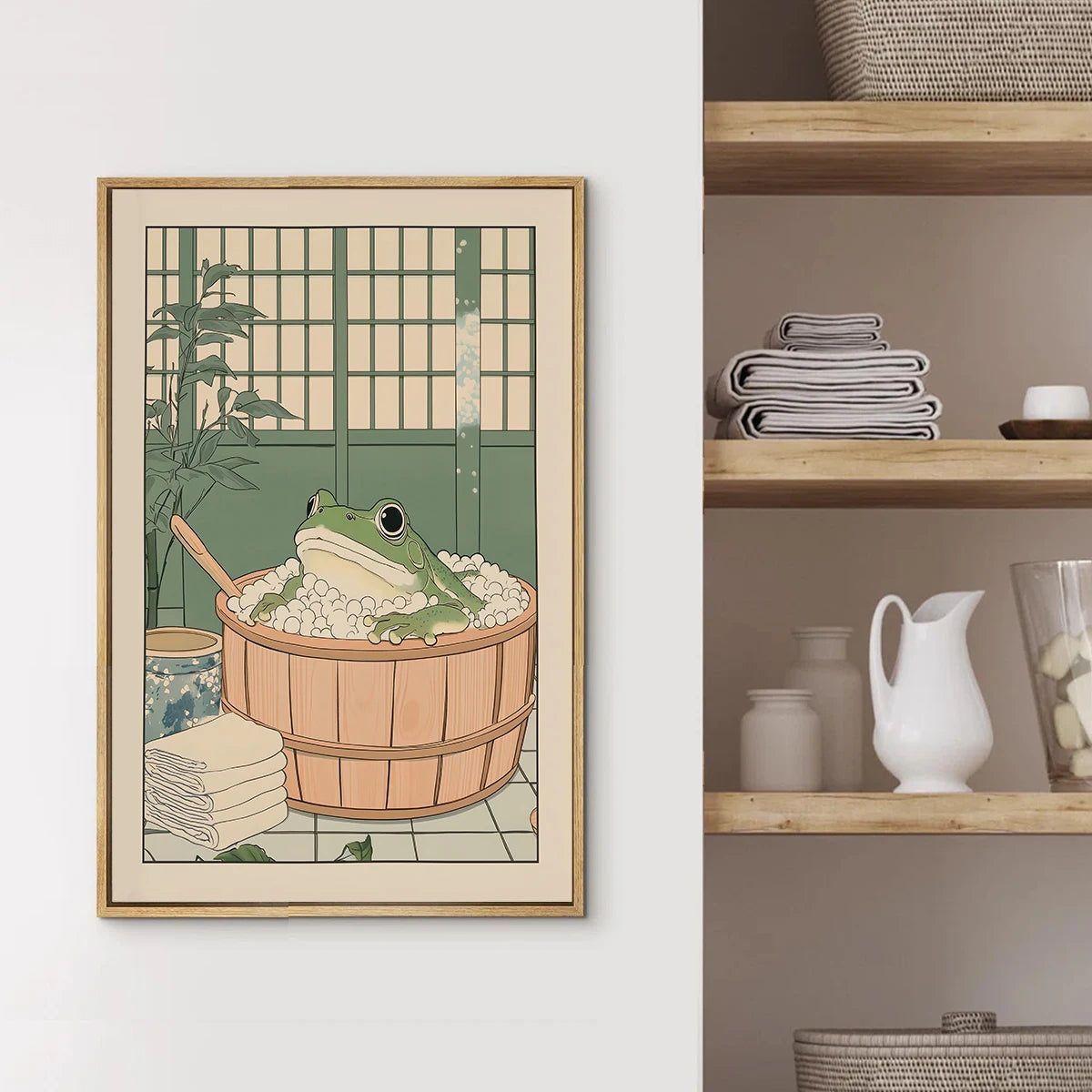Japanese Frog in a Bathtub Vintage Canvas Wall Art | Unframed