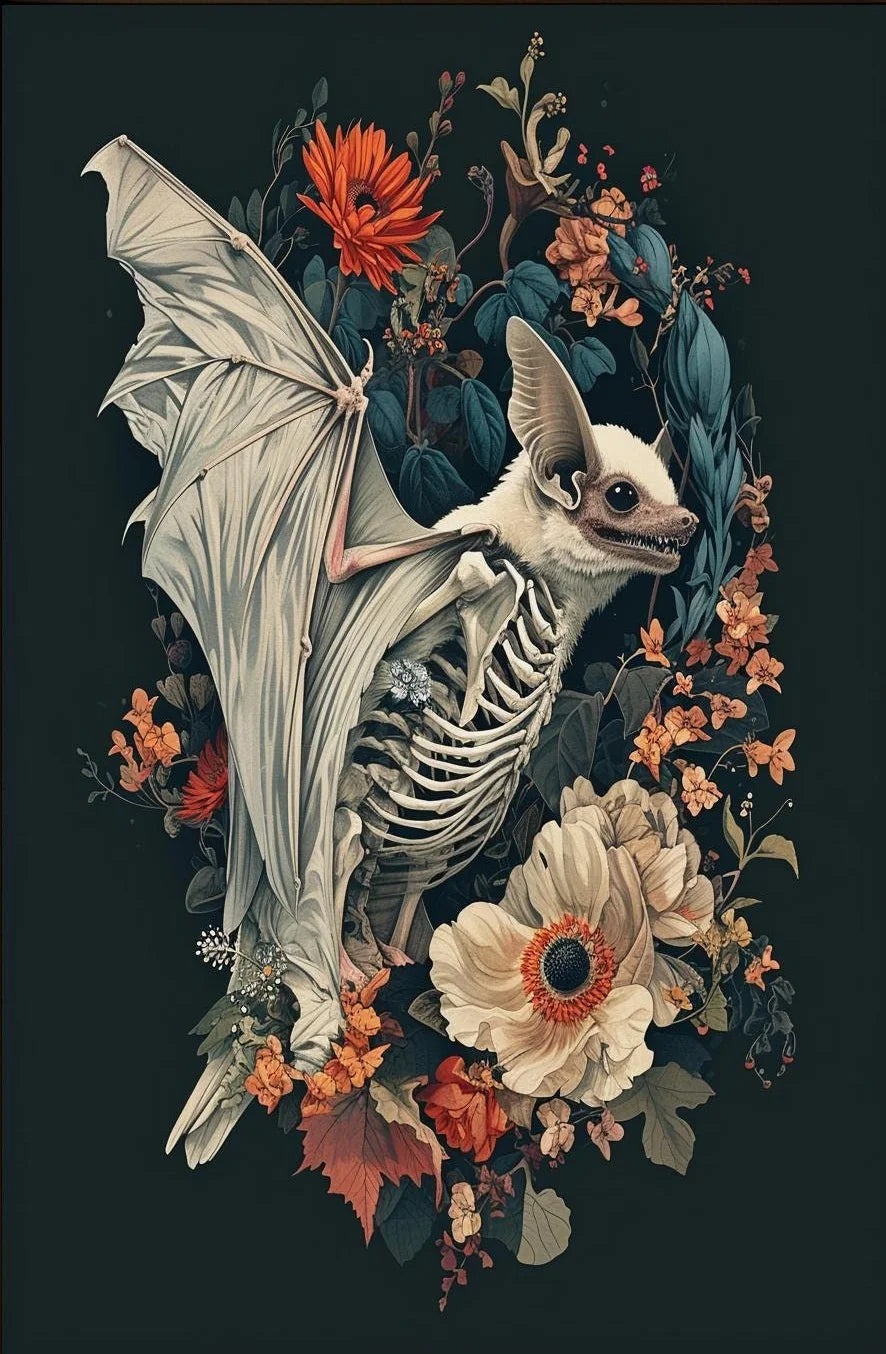 Horrible Floral Skeleton Animal Poster Gothic Bat Owl Rabbit Fox Canvas Painting Occult Wall Art Dark Academia Room Home Decor Peaceful Pleasures Health and Wellness 4 20x30cm