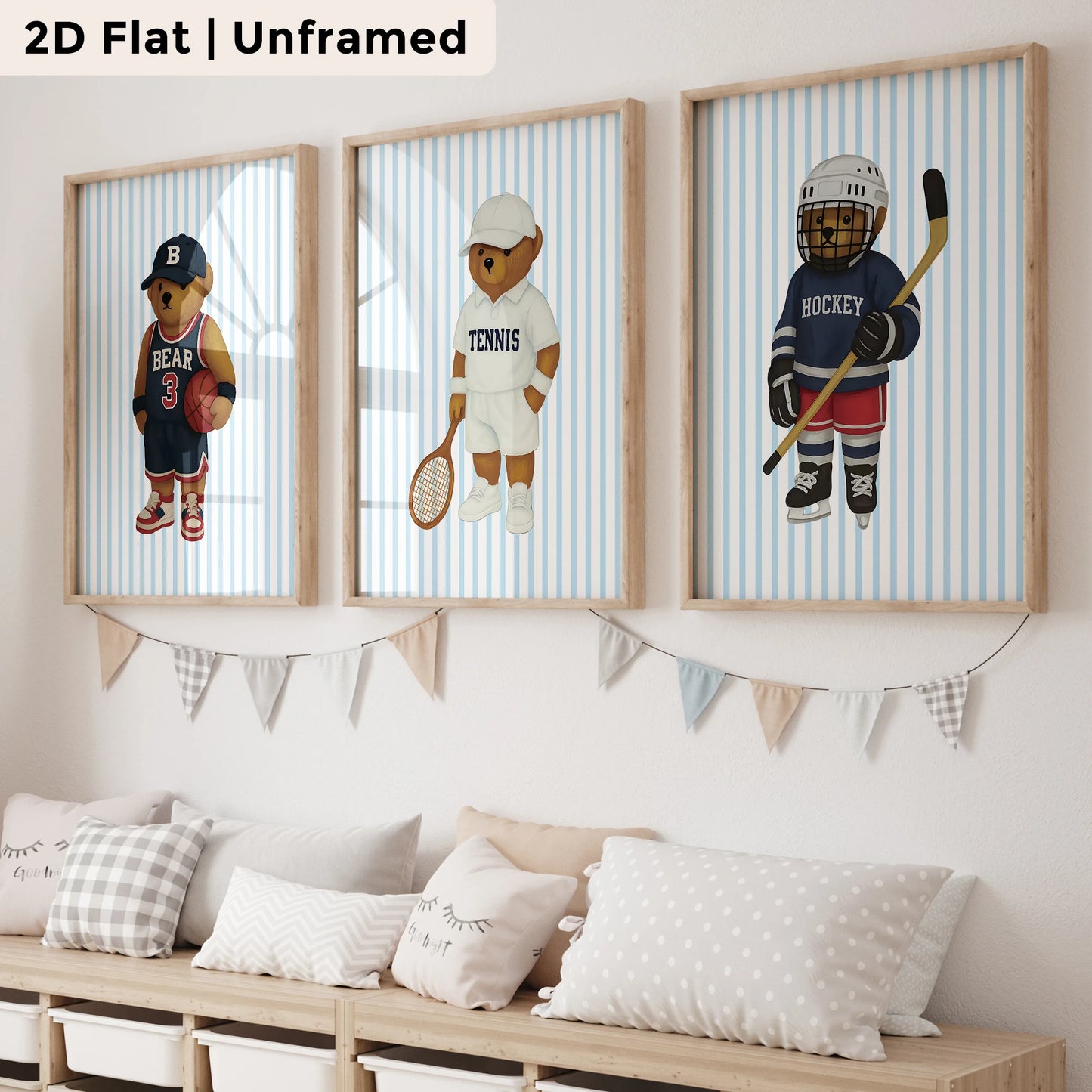 3-Piece Cartoon Blue Bear Athlete Canvas Wall Art Print Set