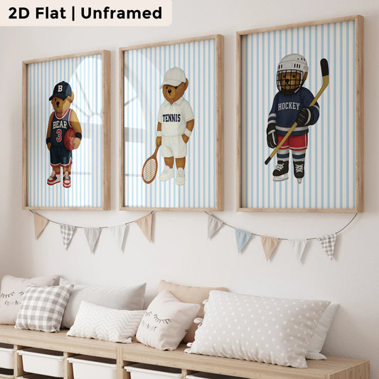 3-Piece Cartoon Blue Bear Athlete Canvas Wall Art Print Set Canvas Wall Art Set Peaceful Pleasures Health and Wellness GP149-3pcs 40x60cm Unframed