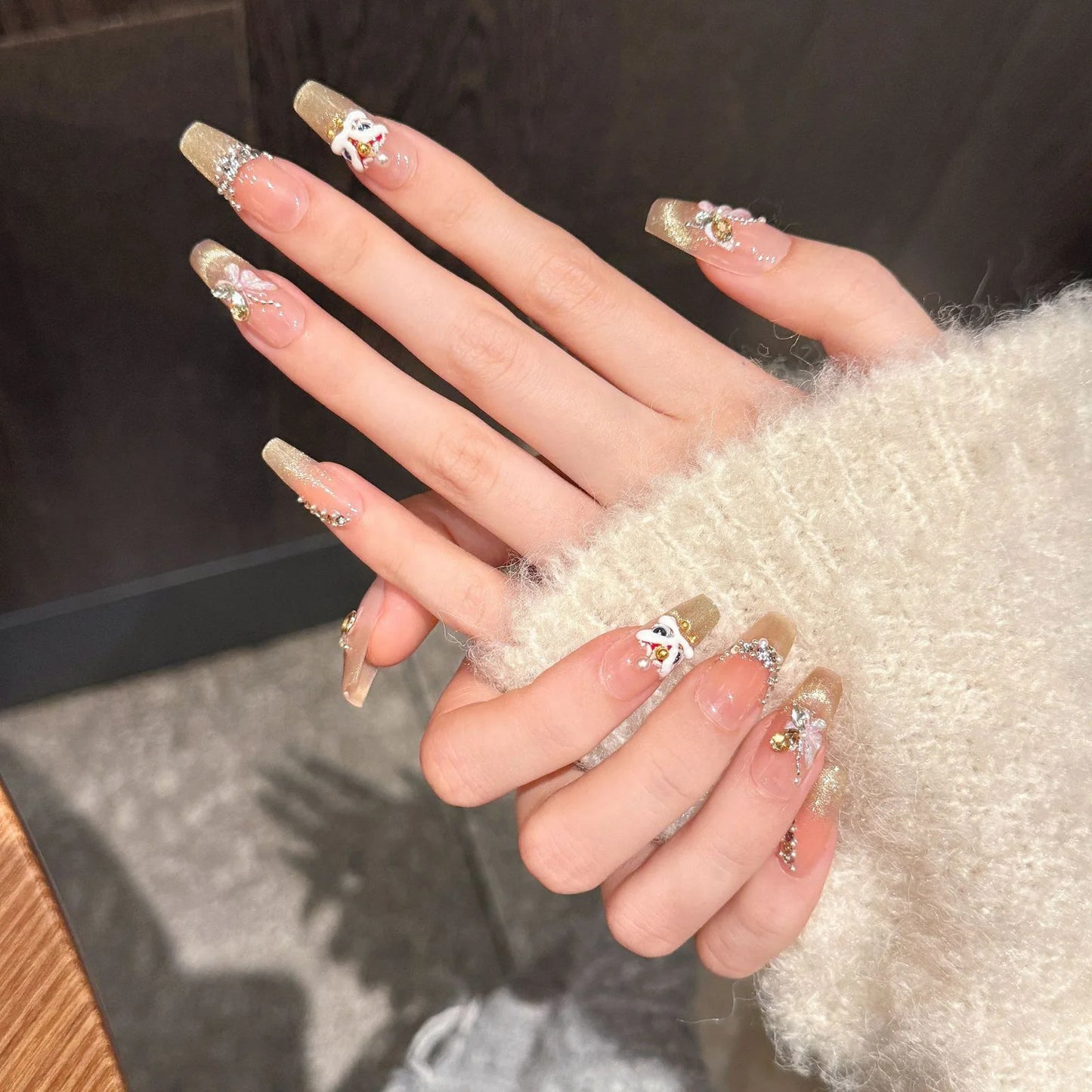 3D Lion Pearl Press On Nails | Cat's Eye Almond False Nails Press On Nail Set Peaceful Pleasures Health and Wellness L