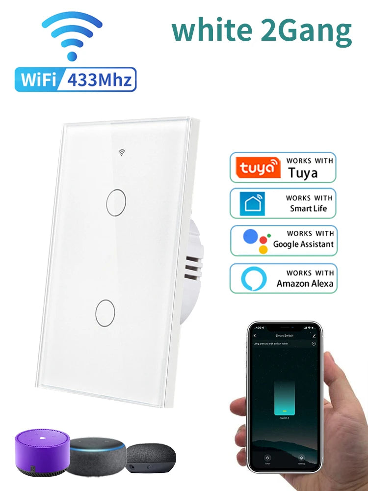 Tuya WiFi Smart Switch US Standard Touch Switch 433Mhz Wireless Remote Voice Control Alexa Google Home No Neutral Wire Required Peaceful Pleasures Health and Wellness white 2 gang