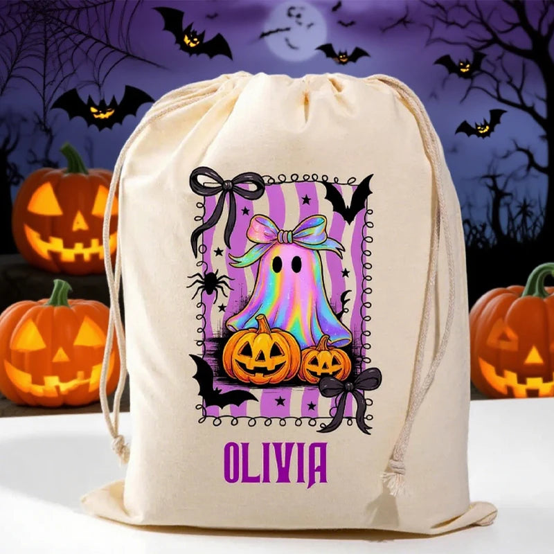 Personalized Halloween Ghost Pumpkin Drawstring Candy Bag Halloween Drawstring Bag Peaceful Pleasures Health and Wellness