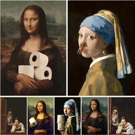 Funny Mona Lisa Bathroom Canvas Wall Art | Unframed Print Canvas Wall Print Peaceful Pleasures Health and Wellness
