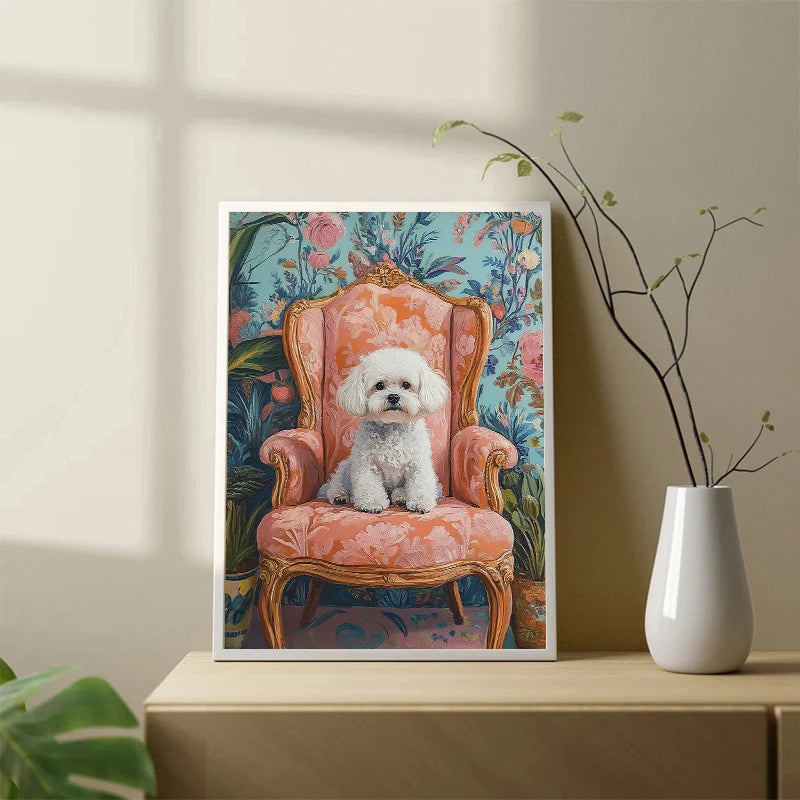 Dog on Stool Retro Canvas Wall Art | Bichon Frise Pomeranian