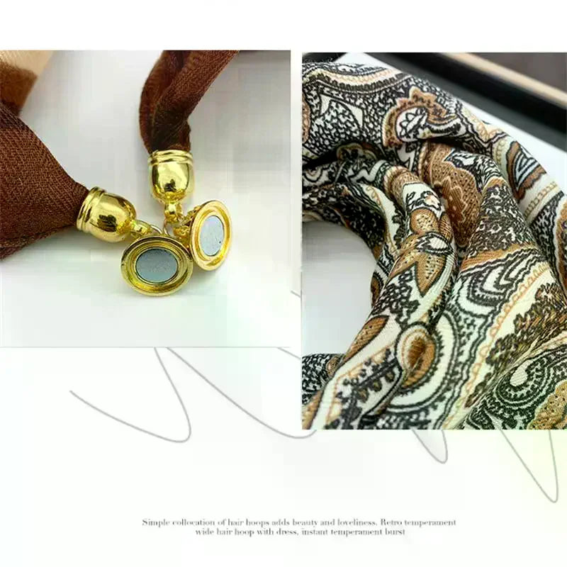 70x70 Retro Print Square Silk Scarf with Magnetic Buckle
