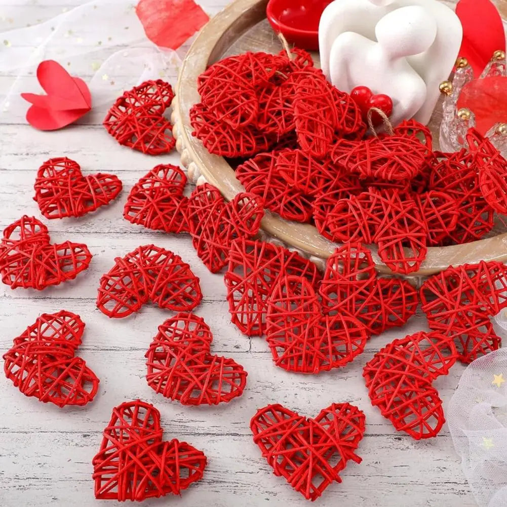 10pcs Red Rattan Heart Ornaments – Rustic Handcrafted Decor