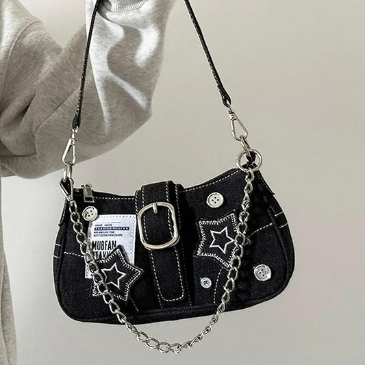 Y2K Canvas Star Pattern Women's Shoulder Bag | Chain Tote Canvas Shoulder Bag Oasis Select