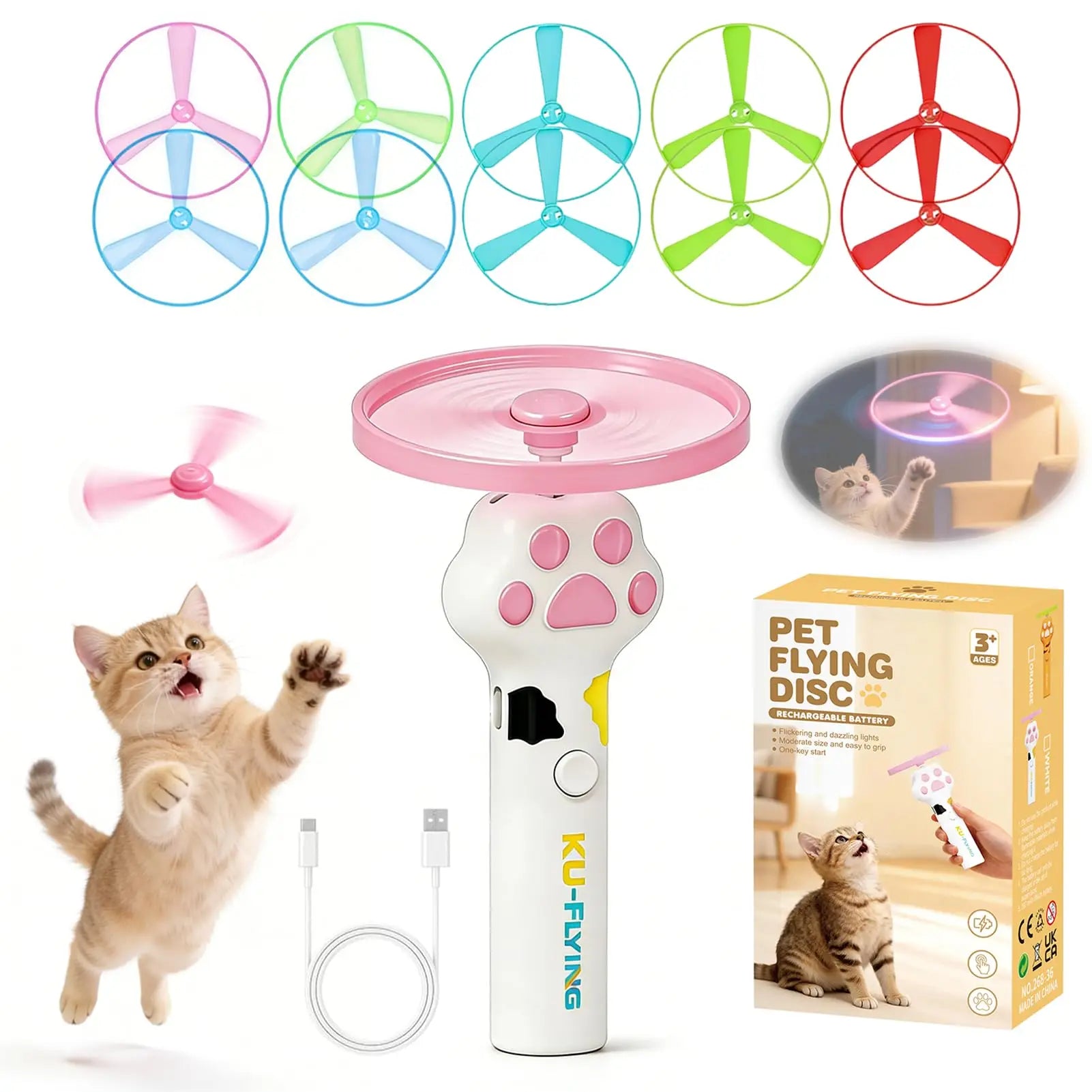 Rechargeable Cat Fetch Toy Launcher with 10 Flying Discs, Interactive Outdoor Indoor Pet Play for Kittens Dogs, Peaceful Pleasures Health and Wellness White