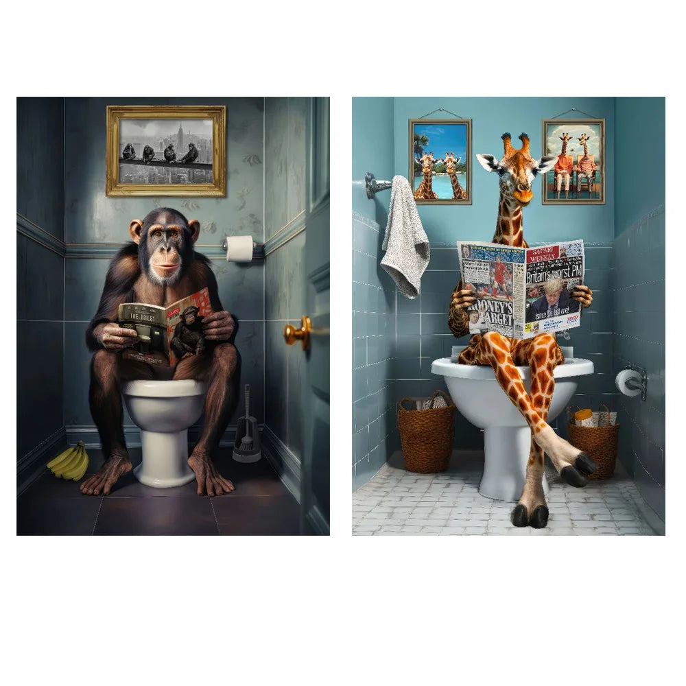 Funny Monkey & Giraffe Toilet Canvas Wall Art | Animal Print