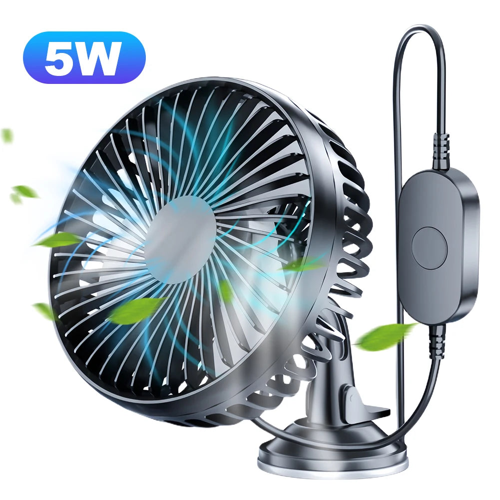 USB Car Cooling Fan 12V/24V 360° Suction Cup for Car Truck SUV RV Peaceful Pleasures Health and Wellness