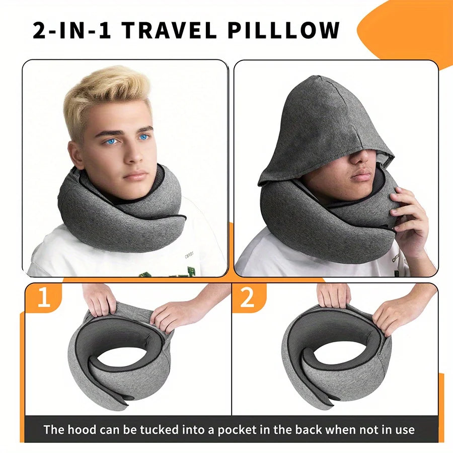 1pc Home Office U-Shape Hooded Neck Pillow for Travel Car Airplane Nap Outdoor, Comfortable Support Pillow with Detachable Cover Peaceful Pleasures Health and Wellness