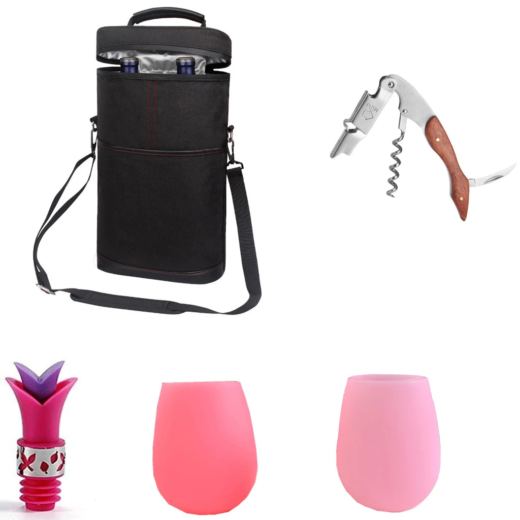 Soft Cooler Wine Bottle Insulated Bag for Wine Thermal 2 Drink Bottle 750ml Beer Outdoor Bag for Travel Carrier Tote Wine Glass Peaceful Pleasures Health and Wellness Black Wine Set