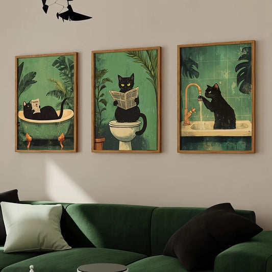 3-Piece Funny Black Cat Canvas Wall Art | Bathroom & Home Decor Canvas Wall Art Set Peaceful Pleasures Health and Wellness G4575-3pcs 30x40cm Black Framed