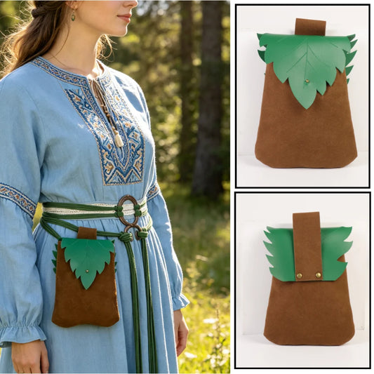 Medieval Waist Bag Retro PU Leather Elf Leaf Copper Coin Belt Peaceful Pleasures Health and Wellness