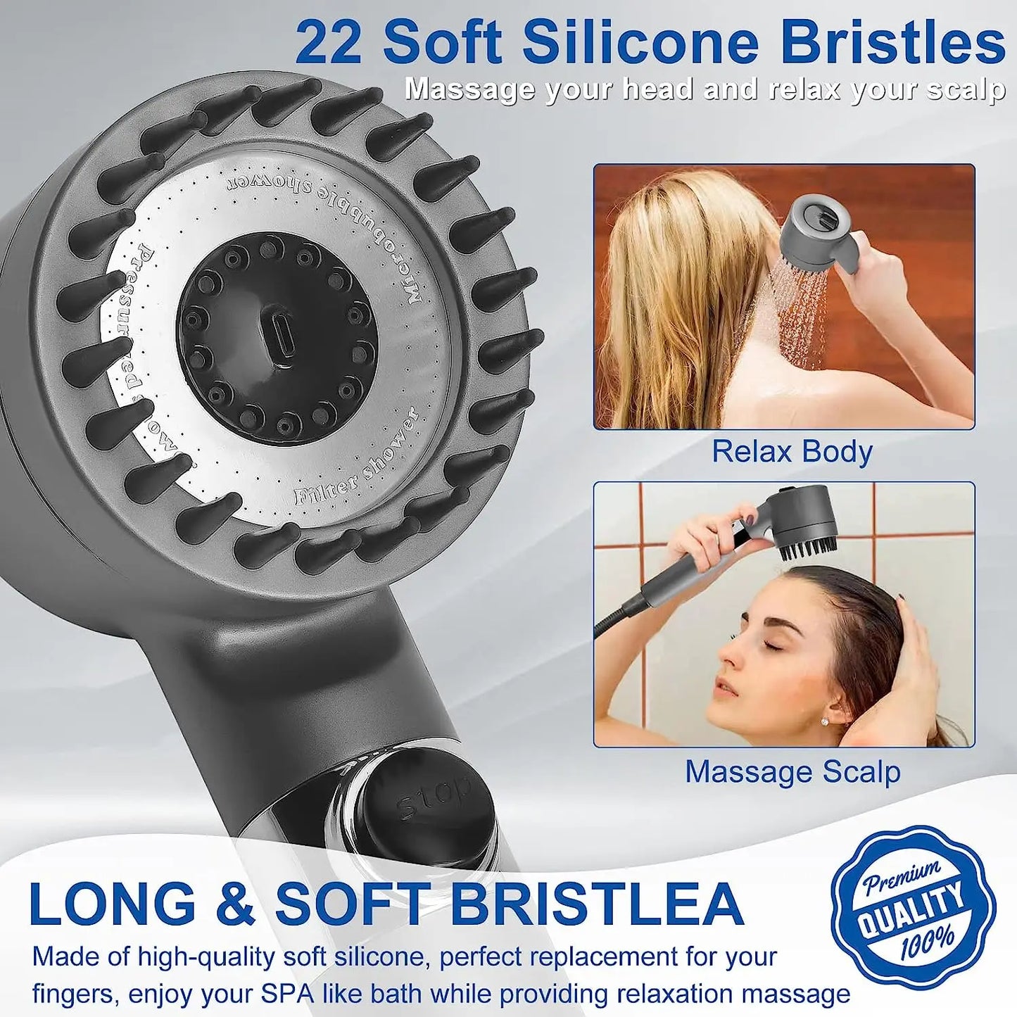 3-Mode High-Pressure Shower Head with Massage Brush & Filter