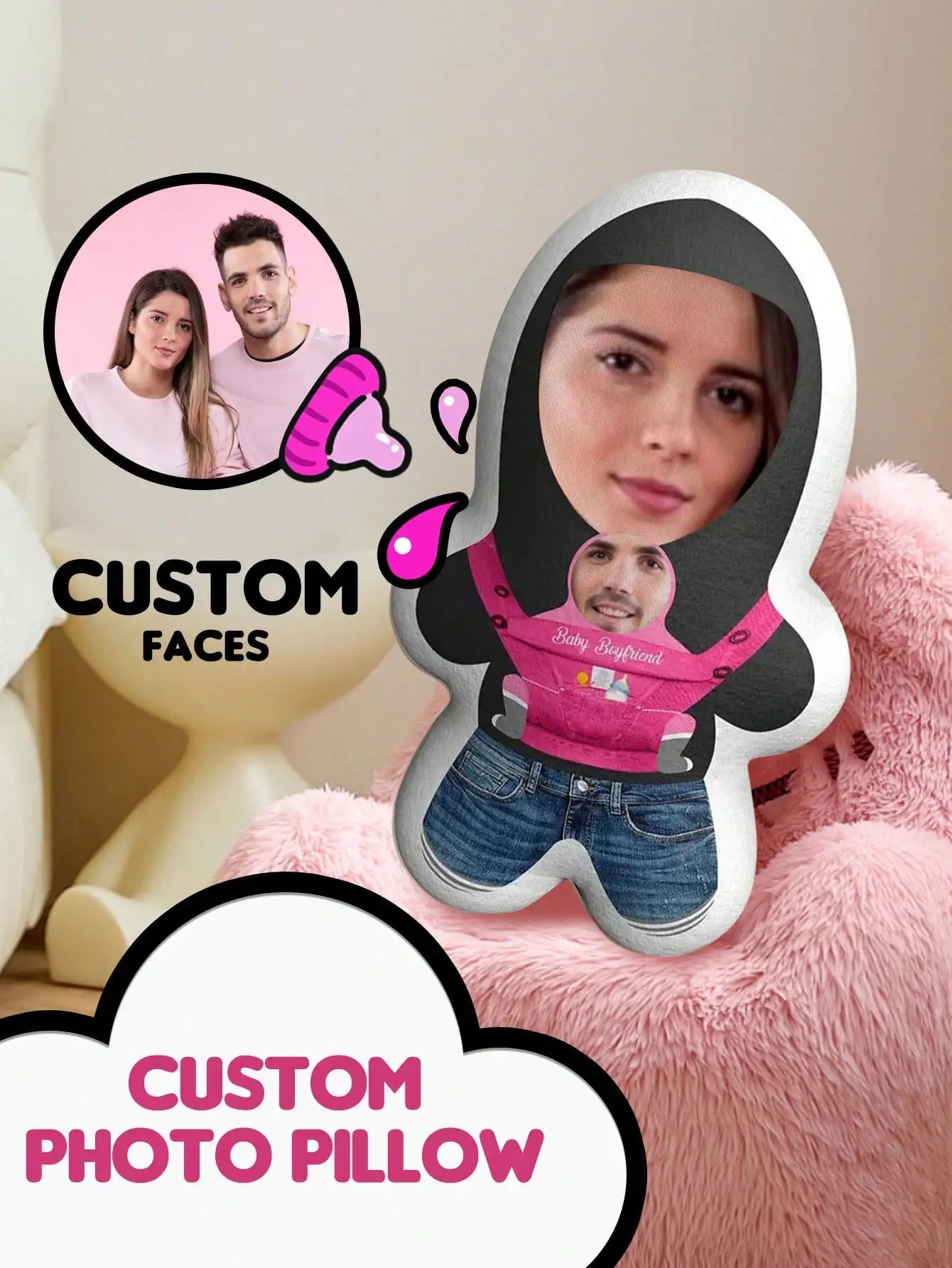 Custom Pillow with 2 Faces Photo Text 4 Sizes Personalized Shaped Funny Pillow For Couple Pet Lovers Gift For Mother Father Day Peaceful Pleasures Health and Wellness Pink 10x20cm