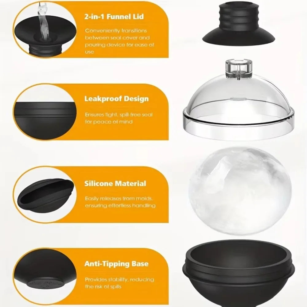 1/4Pack Silicone Ice Ball Maker 2.4Inch Whiskey Large Sphere Ice Mold with 2in1 Funnel Lid Cocktails Ice Cube Tool Kitchen Acces Peaceful Pleasures Health and Wellness