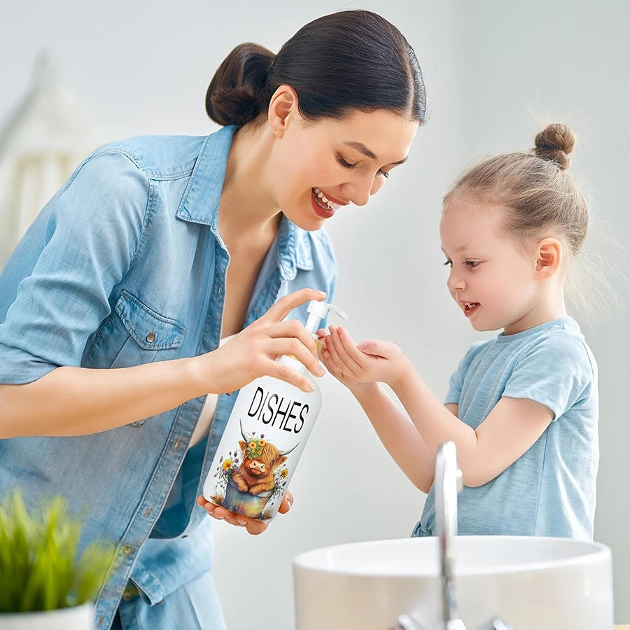 2Pcs Highland Cow Soap Dispenser with Tray – Farmhouse Cow Floral Pump Dispenser Set