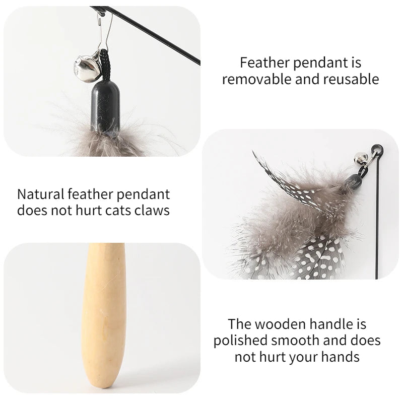 Spring Teasing Cat Stick Wooden Handle Cat Teaser Stick Toy Feather Funny Simulation Fishing Rod Bell Squeaky Cat Toy Peaceful Pleasures Health and Wellness