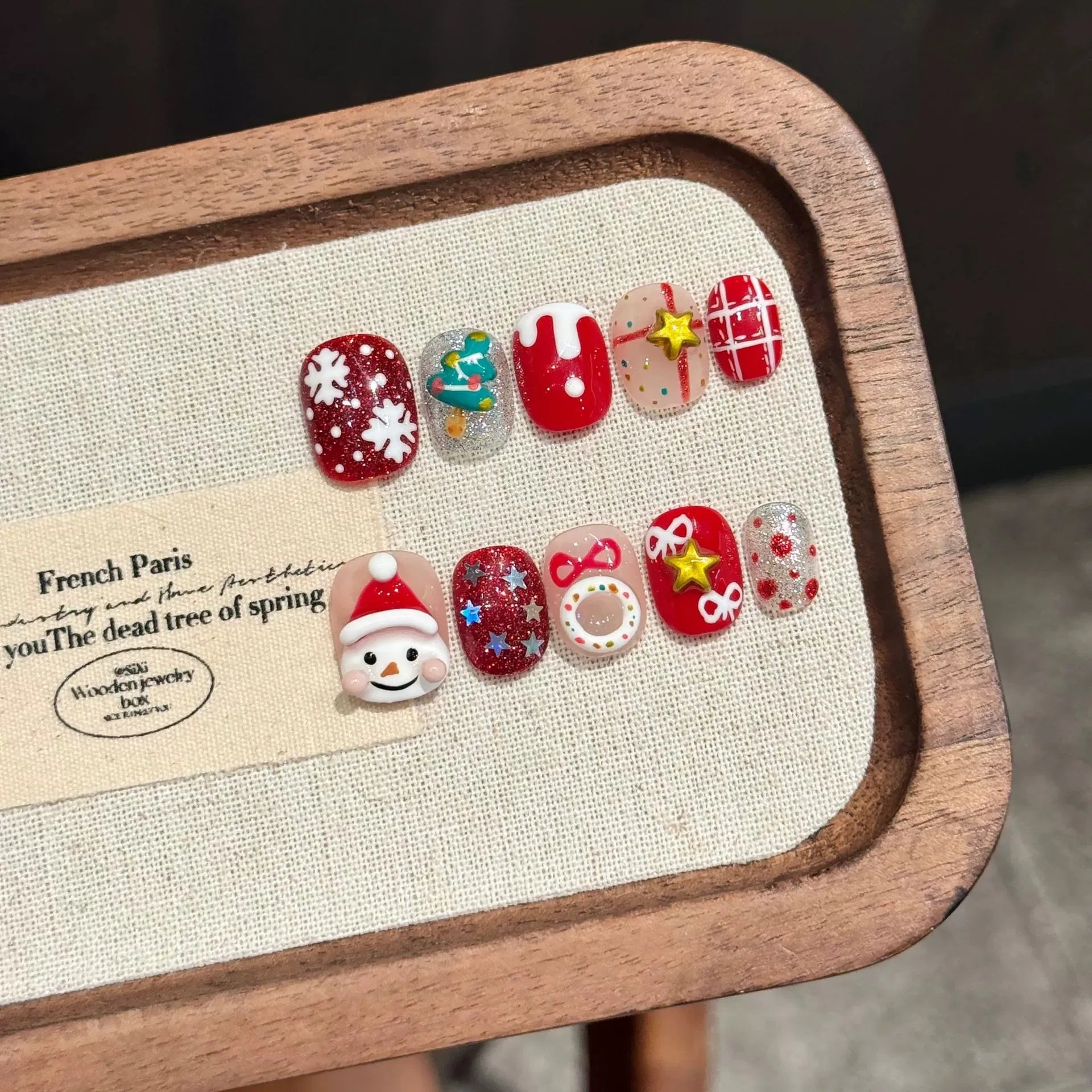 10PCS Handmade Press on Nails Cute 3D Hand-painted Christmas Fake Nails French Tip Wearable Stars Glitter Red False Nails Short Peaceful Pleasures Health and Wellness XS