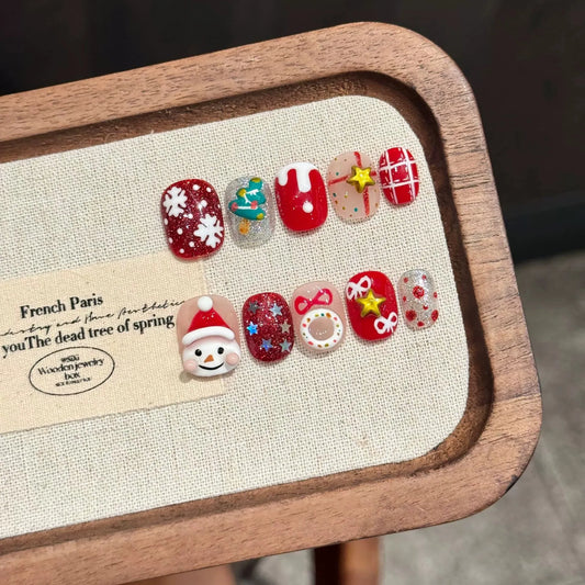10PCS Handmade Press on Nails Cute 3D Hand-painted Christmas Fake Nails French Tip Wearable Stars Glitter Red False Nails Short Peaceful Pleasures Health and Wellness XS