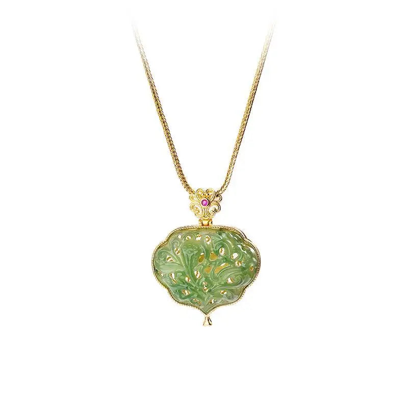 Light Luxury Fashion Hollow Out Safety Lock Ruyi Pattern Black Box Design Inlaid Natural Green Stone Retro Personality Pendant Peaceful Pleasures Health and Wellness Necklace 45CM