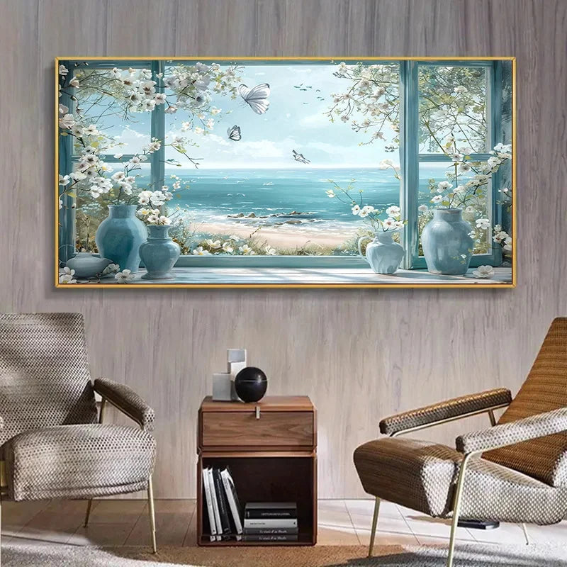 1pc Frameless Window Side Vase Scenery Print Art, Beach Butterfly Wall Decor for Living Room and Bedroom, Modern Canvas Poster Peaceful Pleasures Health and Wellness