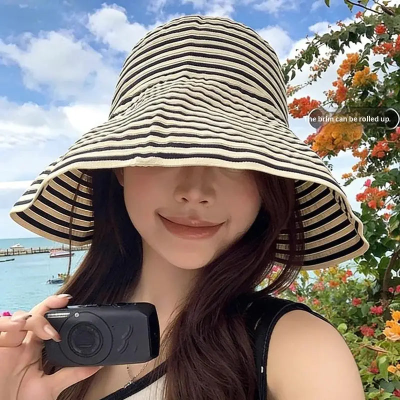 Striped Wide Brim Sun Hat – Lightweight Fisherman Cap for Women