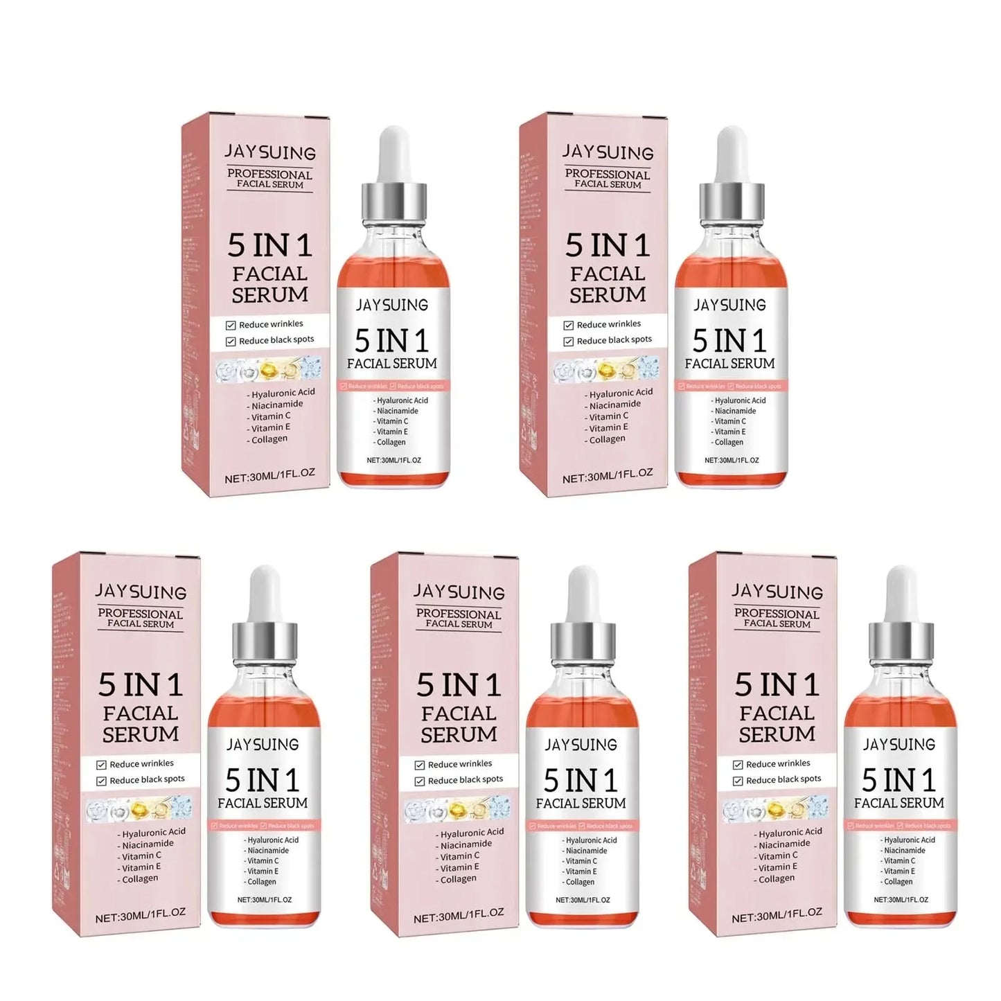 Jaysuing 5 In 1 Hyaluronic Acid Face Serum 30ml Moisturizing Vitamin C Collagen Lightning Facial Serum Shrink Pores Skin Care Peaceful Pleasures Health and Wellness 5pcs