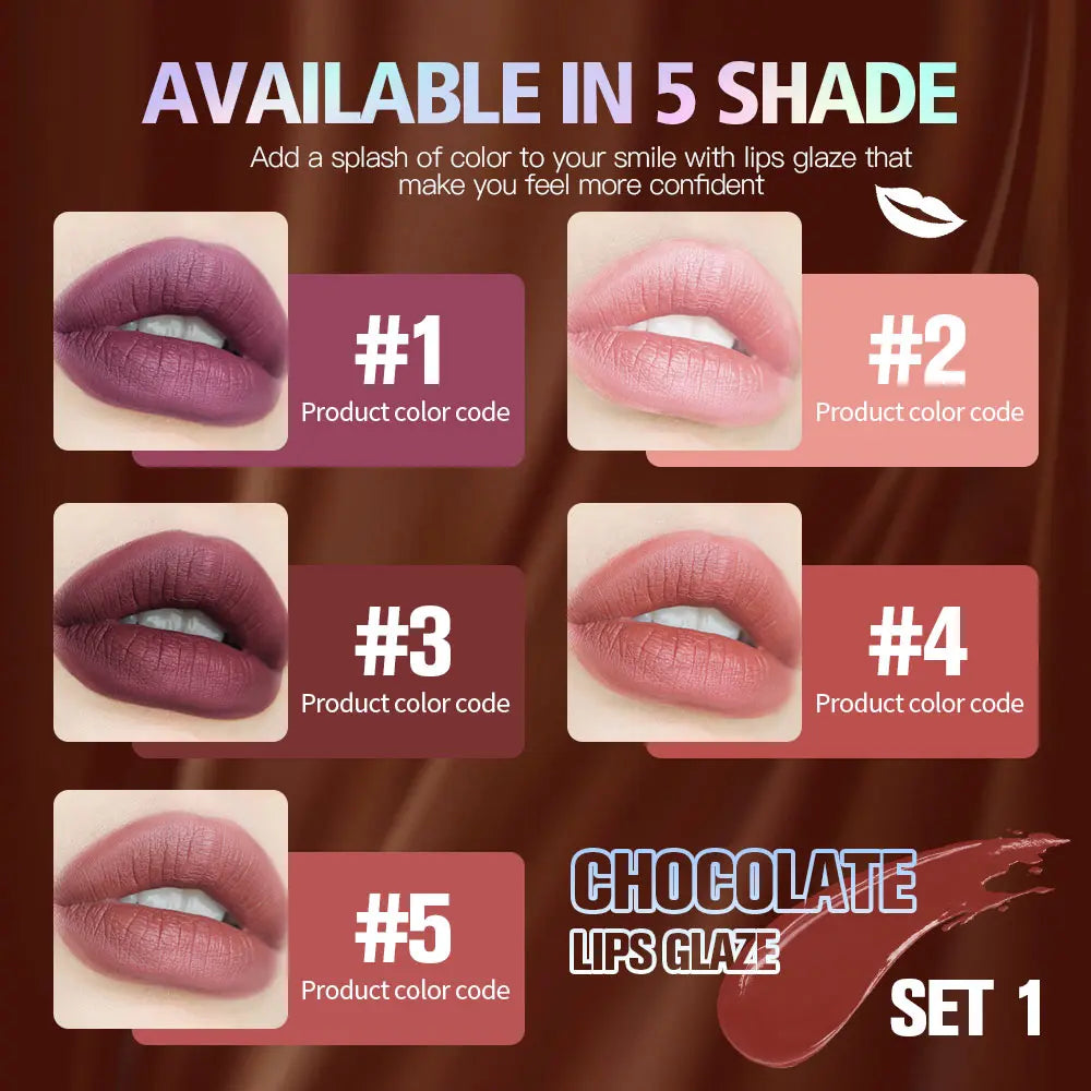 5-Piece Chocolate Matte Lip Gloss Set – Waterproof & Moisturizing Matte Lip Gloss Set Peaceful Pleasures Health and Wellness