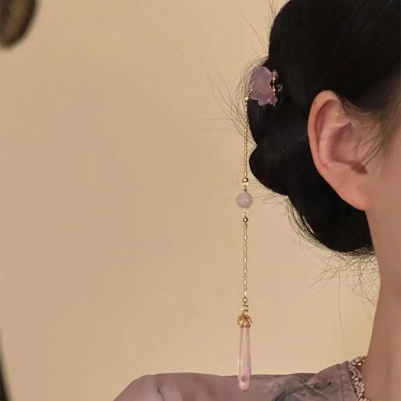 Vintage Pearl Tassel Hair Clip – Enamel Flower Hanfu Hair Pin