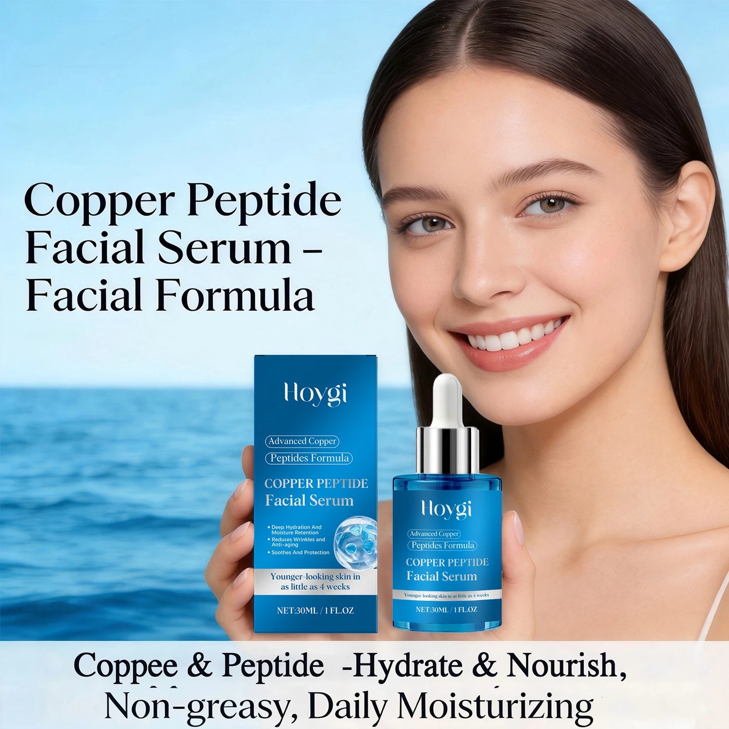 Hoygi Copper Peptide Facial Serum 30ml Firming Lifting Fade Fine Lines Moisturizing Hydration Smoothing Skin Care Essence Peaceful Pleasures Health and Wellness