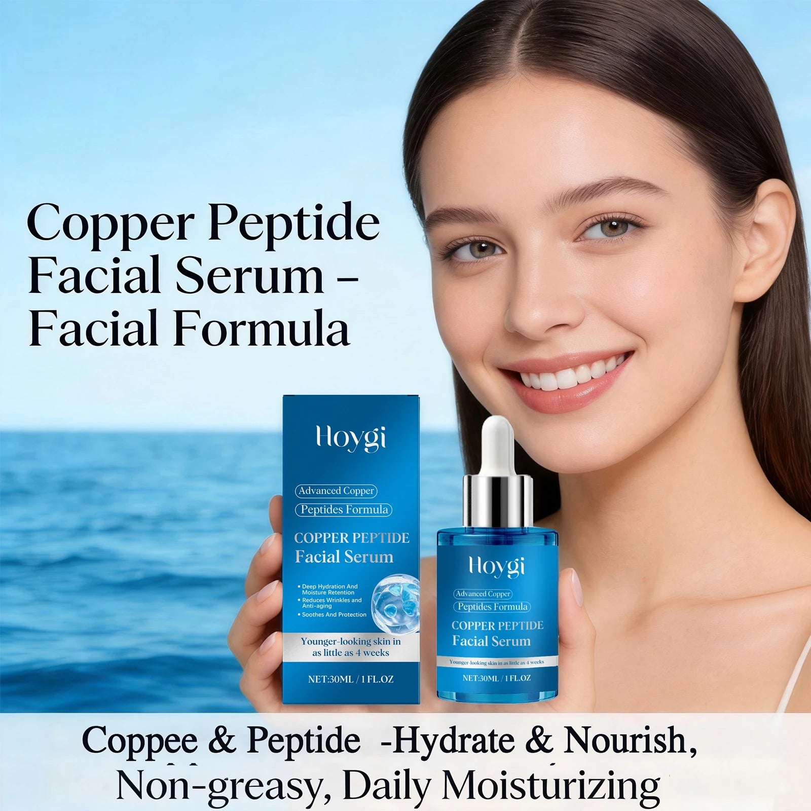 Hoygi Copper Peptide Facial Serum 30ml Firming Lifting Fade Fine Lines Moisturizing Hydration Smoothing Skin Care Essence Peaceful Pleasures Health and Wellness