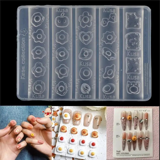 1 PCS Nail Mold Combination Cartoon Cute Flower Heart Shape Fried Egg Toast 3D Silicone Nail Decoration Transparent Mold Peaceful Pleasures Health and Wellness