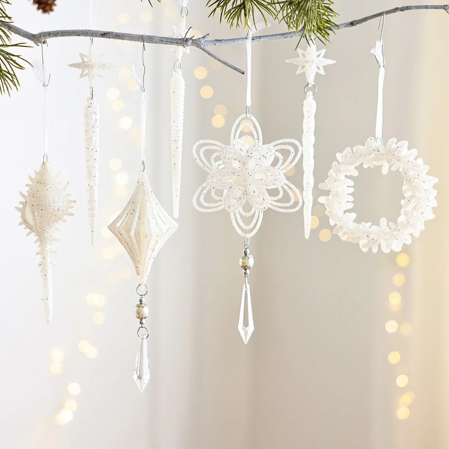 White Christmas Tree Hanging Ornaments – Candy, Chime & Wreath