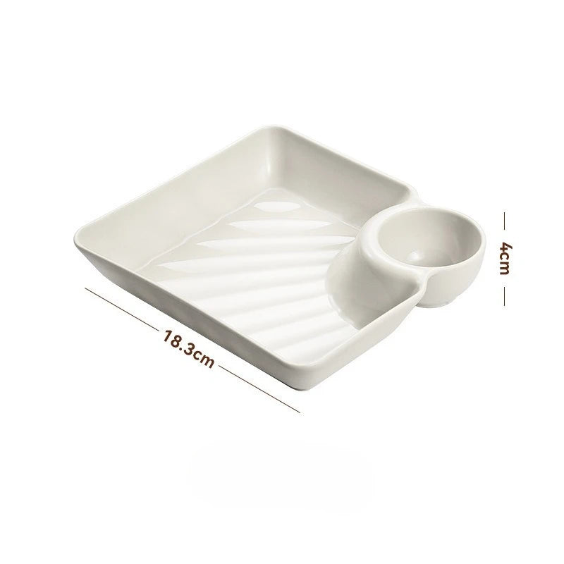 Chip Dip Serving Platter Set, Plastic Dumpling Plates with Sauce Compartment, Square Serving Dish Sushi Plates Peaceful Pleasures Health and Wellness WHITE 7.28in x 7.2in