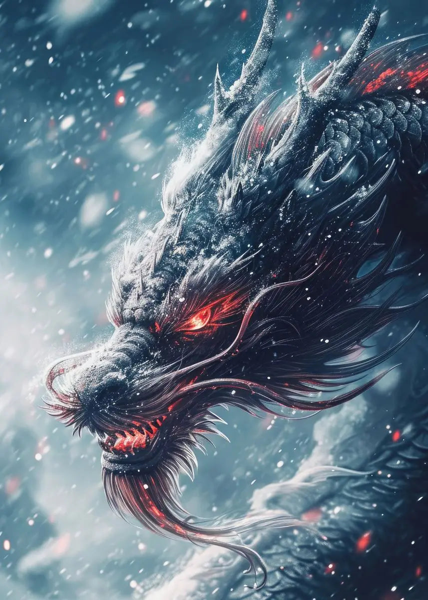Black Dragon Canvas Wall Art | Oriental Fantasy Dragon Poster