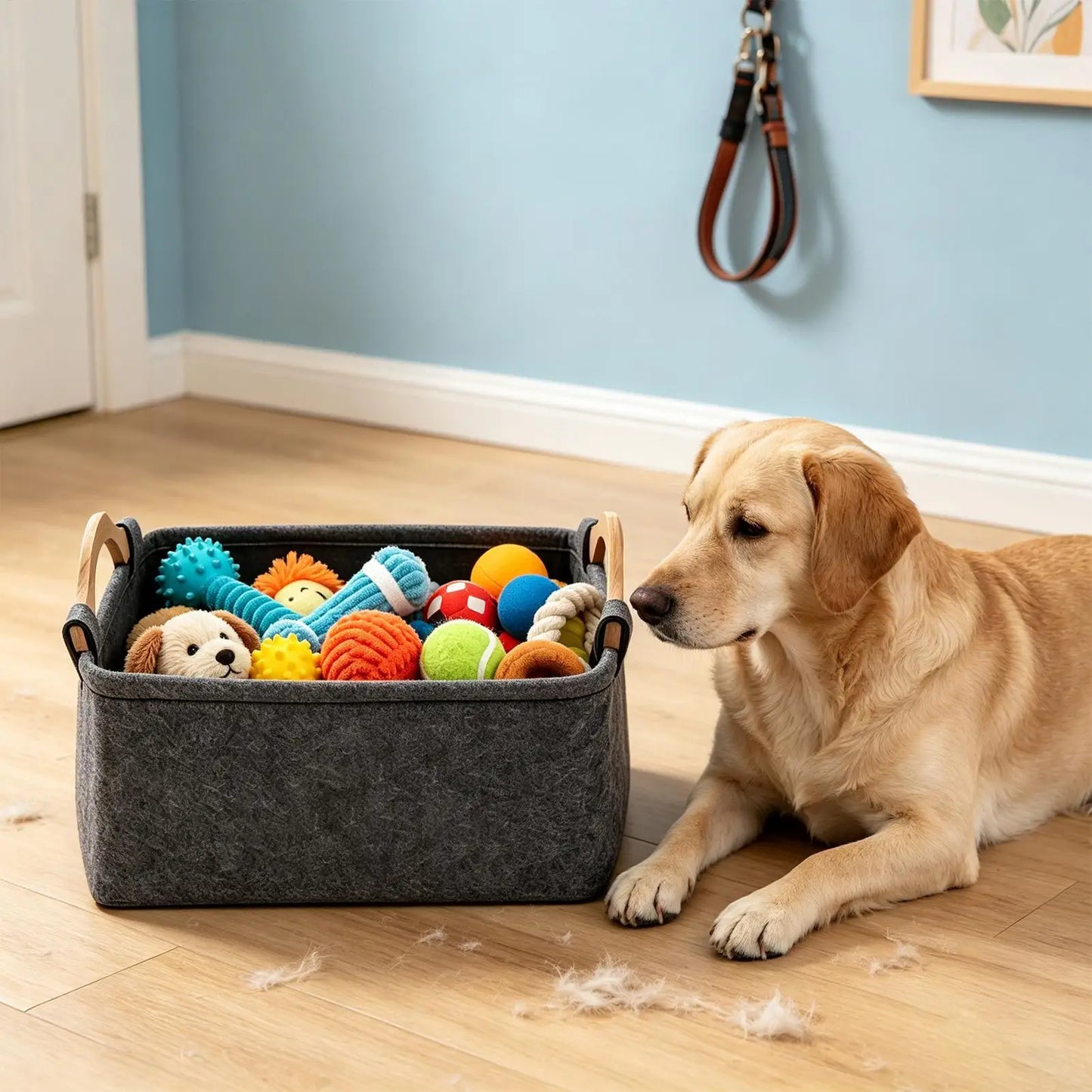 Felt Foldable Dog Toy Basket with Wooden Handle | Pet Storage