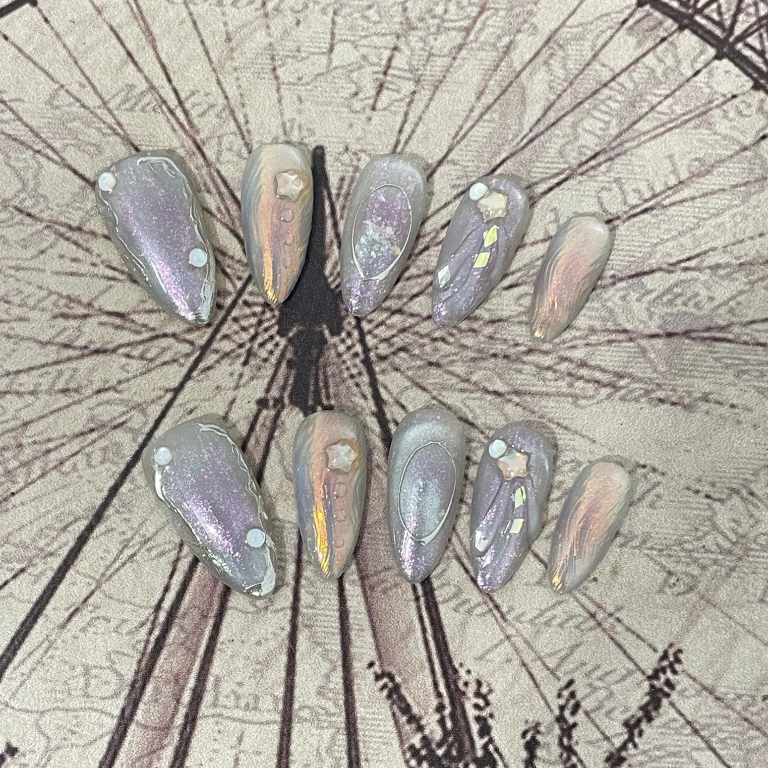 10pcs Handmade Press on Nails Purple Aurora Almond Fake Nail Tips Detachable Wearable Sweet Cool False Nails for Girls Peaceful Pleasures Health and Wellness