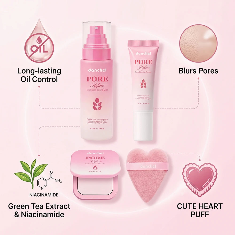 Pore Refine Blot & Porefect Set Pore-Blurring 12h Matte Oil Control Primer, Setting Spray, Touch-up, Powder Puff 4PCS Makeup Kit Peaceful Pleasures Health and Wellness